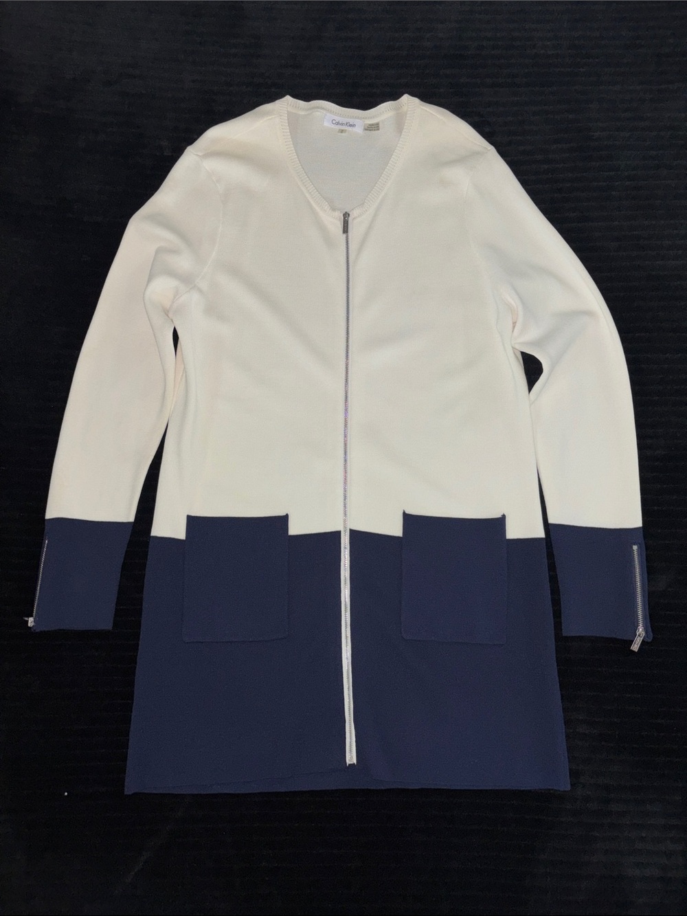 Calvin Klein Sz M Two-Tone Zip Front Long Cardigan - Ivory & Navy